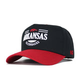 The No Rivals Arkansas Tailgate Hat is a black and red snapback featuring "ARKANSAS RAZORBACKS" and a red hog logo embroidered on the front. Made from quality cotton, it has a structured fit and a red bill with white and red accents.