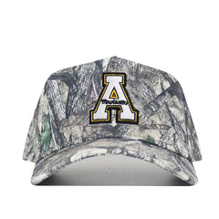 The No Rivals App State Outland Hat is a high-quality cotton camo baseball cap with a bold white and gold A outlined in black on the front, featuring a woodland camouflage pattern and classic snapback closure.