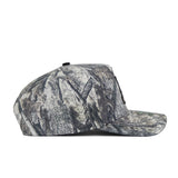 The No Rivals App State Outland Hat is shown in a side view, featuring a camouflage pattern with gray, brown, and green shades. Made from high-quality cotton, it includes an adjustable snap back for a comfortable fit.