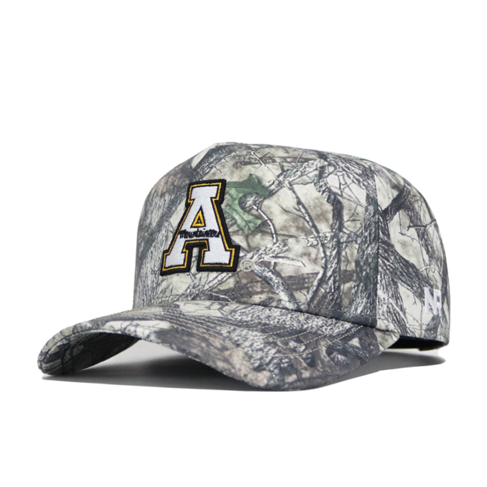 The No Rivals App State Outland Hat is an officially licensed cotton baseball cap with a classic woodland camo pattern, a curved brim, and a striking letter A outlined in black, white, and gold on the front.