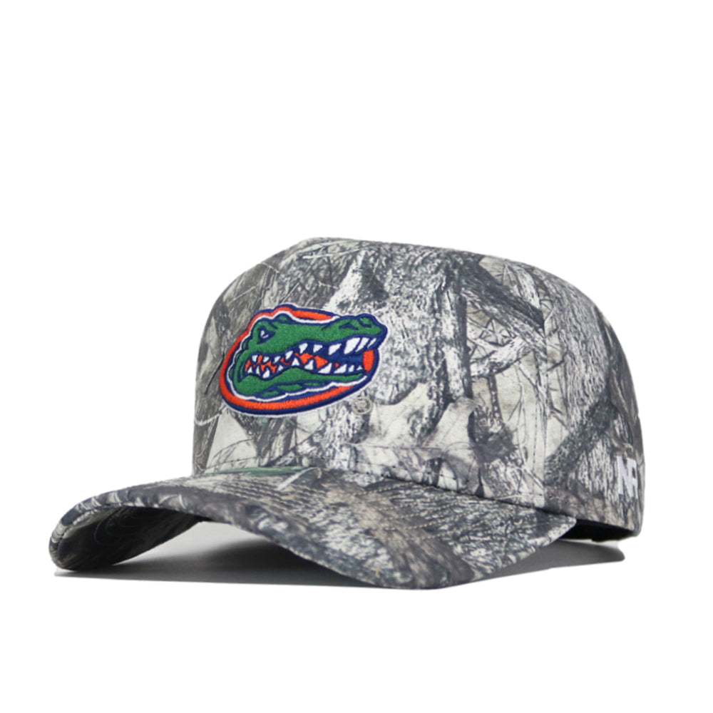 The No Rivals University of Florida Outland Hat features a gray camo snapback design with a vibrant alligator logo, structured fit, and is made from high quality cotton for lasting comfort and Gators style.