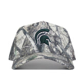 The No Rivals Michigan State Outland Hat is a high-quality cotton camouflage baseball cap with a structured fit and an embroidered green Spartan helmet logo on the front, shown against a white background.