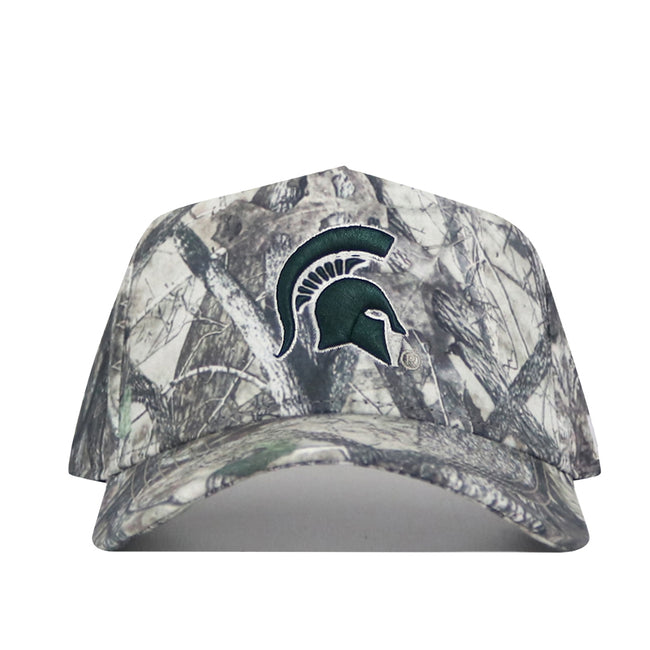 The No Rivals Michigan State Outland Hat is a high-quality cotton camouflage baseball cap with a structured fit and an embroidered green Spartan helmet logo on the front, shown against a white background.