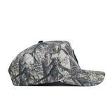 The Michigan State Outland Hat by No Rivals is a flat-brim baseball cap with a camouflage pattern in green, brown, and gray, crafted from high-quality cotton for lasting comfort and designed to blend with outdoor environments.
