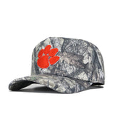 The No Rivals Clemson Outland Hat is an officially licensed camo-pattern snapback featuring a bold orange paw print logo on the front. Made from high quality cotton, the cap's brim is angled slightly to the left.