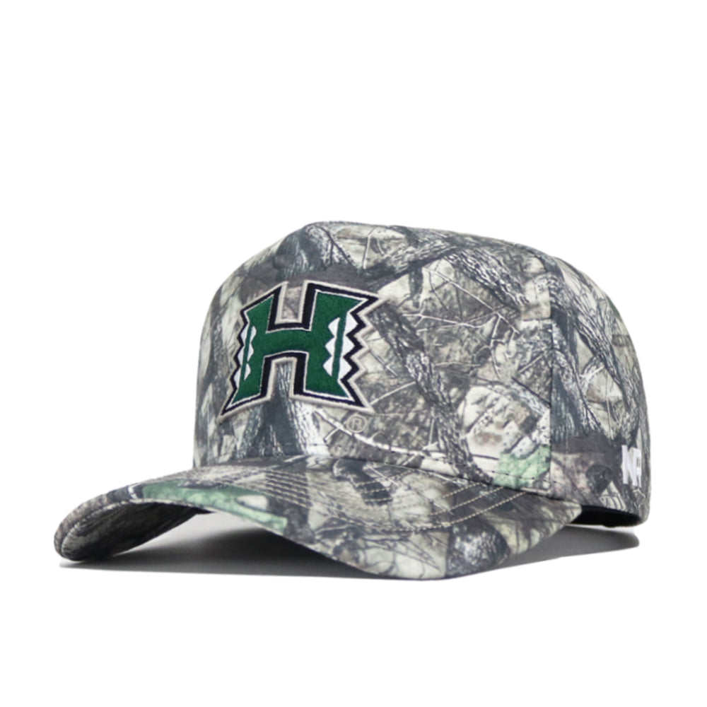 The No Rivals Hawaii Outland Hat is a camouflage snapback featuring a bold green H logo with white and black details on the front, white text on the side, and structured high-quality cotton construction. Shown on a white background.