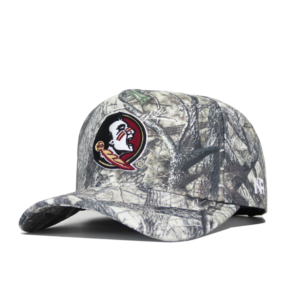 The No Rivals Florida State Outland Hat is a structured-fit camouflage baseball cap with the Seminoles logo, shades of gray, brown, and green, a slightly curved bill, and an easy snapback closure.