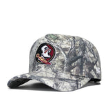 The No Rivals Florida State Outland Hat is a structured-fit camouflage baseball cap with the Seminoles logo, shades of gray, brown, and green, a slightly curved bill, and an easy snapback closure.