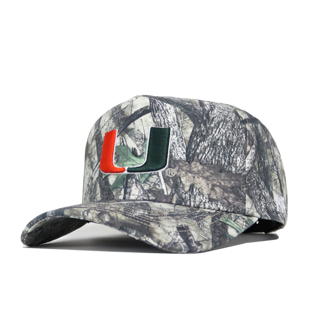 The No Rivals University of Miami Outland Hat is a structured camo cotton cap with a curved brim and an orange and green U logo, representing the University of Miami.