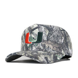 The No Rivals University of Miami Outland Hat is a structured camo cotton cap with a curved brim and an orange and green U logo, representing the University of Miami.