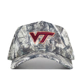 The Virginia Tech Outland Hat by No Rivals is a camouflage snapback featuring a red and orange VT logo embroidered on the front. This officially licensed structured-fit hat is shown against a plain white background.