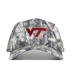 The Virginia Tech Outland Hat by No Rivals is a camouflage snapback featuring a red and orange VT logo embroidered on the front. This officially licensed structured-fit hat is shown against a plain white background.