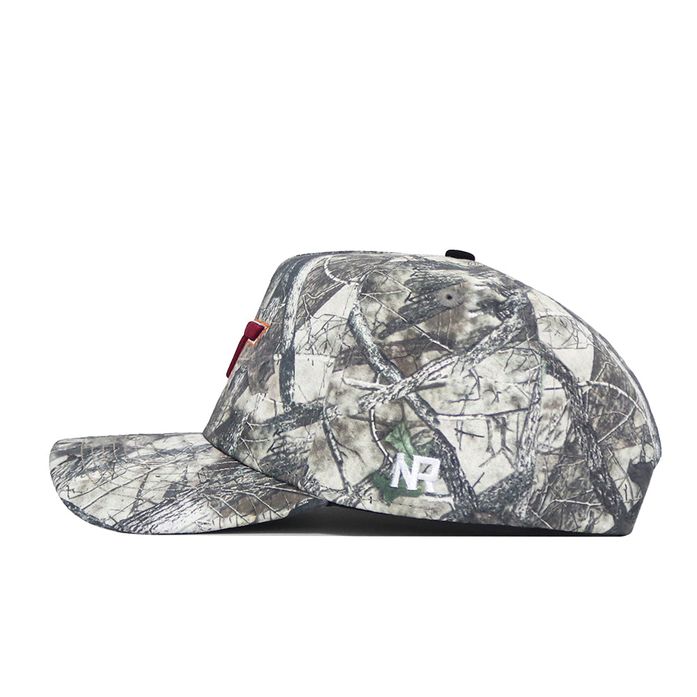 The No Rivals Virginia Tech Outland Hat is a structured, camo-patterned baseball cap with a flat brim, featuring a white NB logo near the back and a small red front detail for a bold, sporty style.