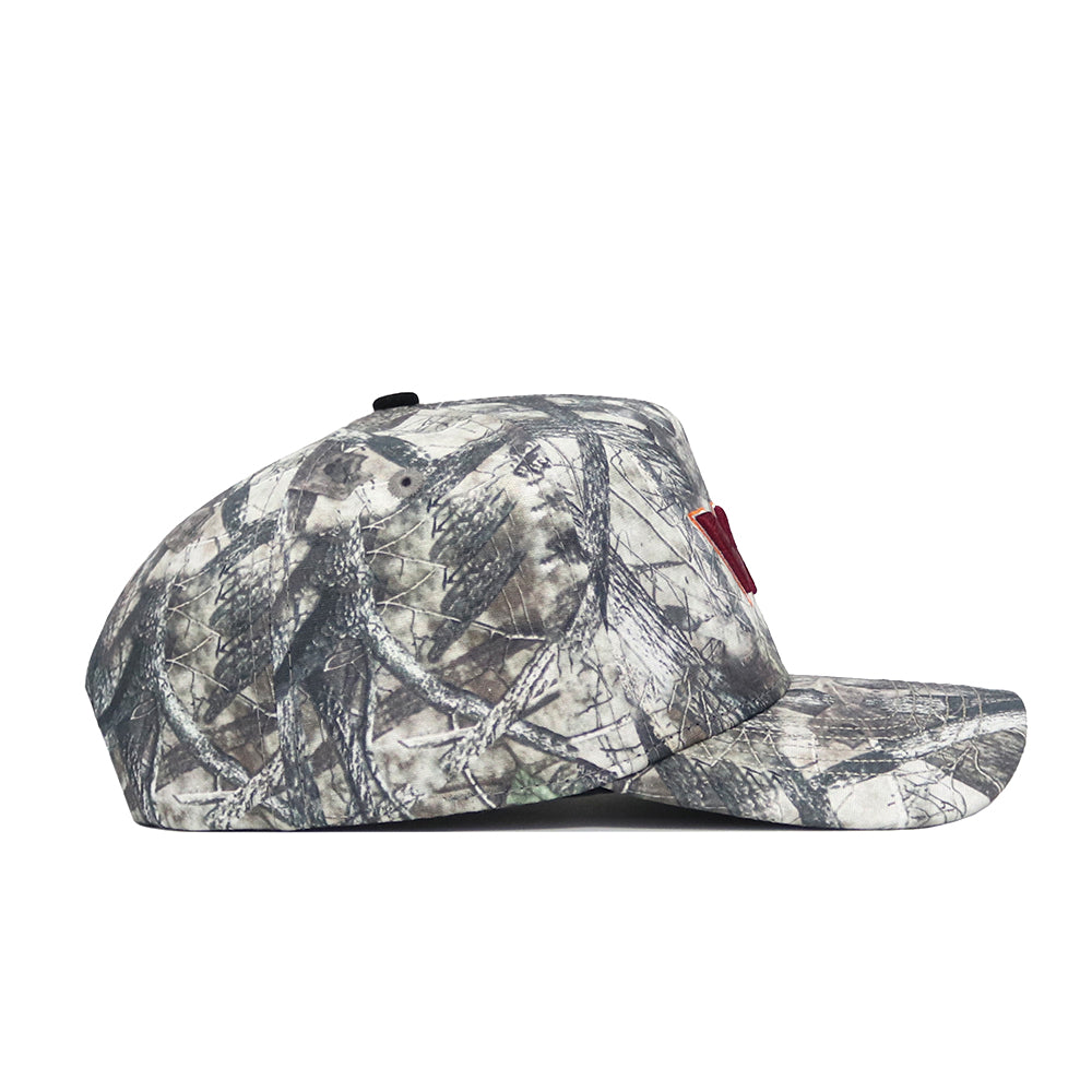 Side view of the Virginia Tech Outland Hat by No Rivals, an officially licensed flat-bill snapback with a gray and brown camo pattern and small red patch on the front; structured fit shown against a white background.