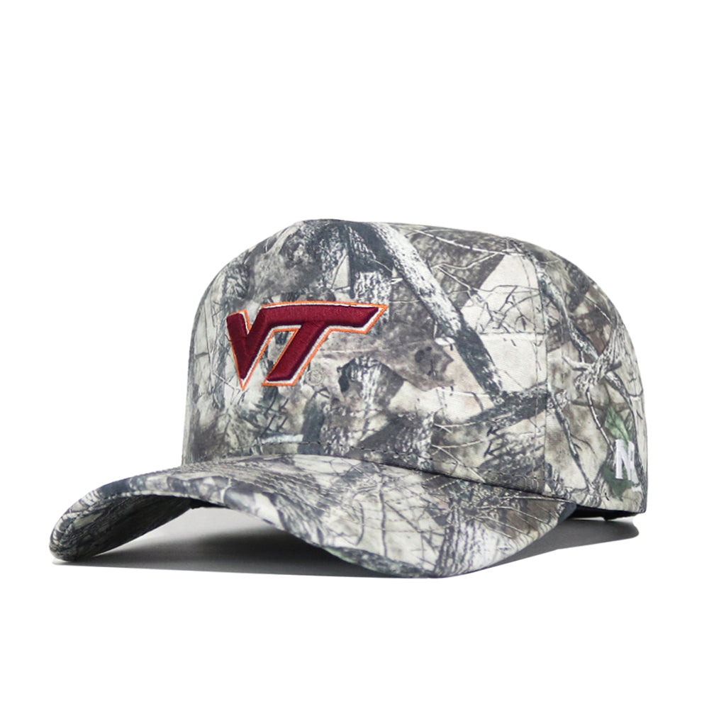 The Virginia Tech Outland Hat by No Rivals is a structured fit camouflage cap with a bold red and orange VT logo front and a small white N on the side. Officially licensed for true Hokies fans.