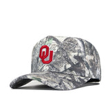 The No Rivals Oklahoma Outland Hat is a structured, camouflage cotton cap with a red OU logo embroidered on the front, representing the University of Oklahoma.