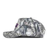 The No Rivals LSU Outland Hat is a camouflage cotton baseball cap with a structured fit, featuring a small purple patch on the front and a white logo above the brim.