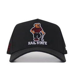 The Mississippi State Golf Hat - Black is a snapback featuring an embroidered bulldog mascot in a maroon shirt above "HAIL STATE" on the front, a small maroon M on the side, and is made from a comfortable polyester-cotton blend with a structured fit.