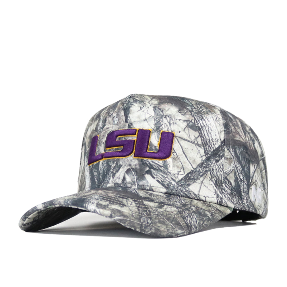 The No Rivals LSU Outland Hat is a structured camouflage baseball cap with bold purple and gold LSU lettering on the front, made from high-quality cotton and displayed against a white background.