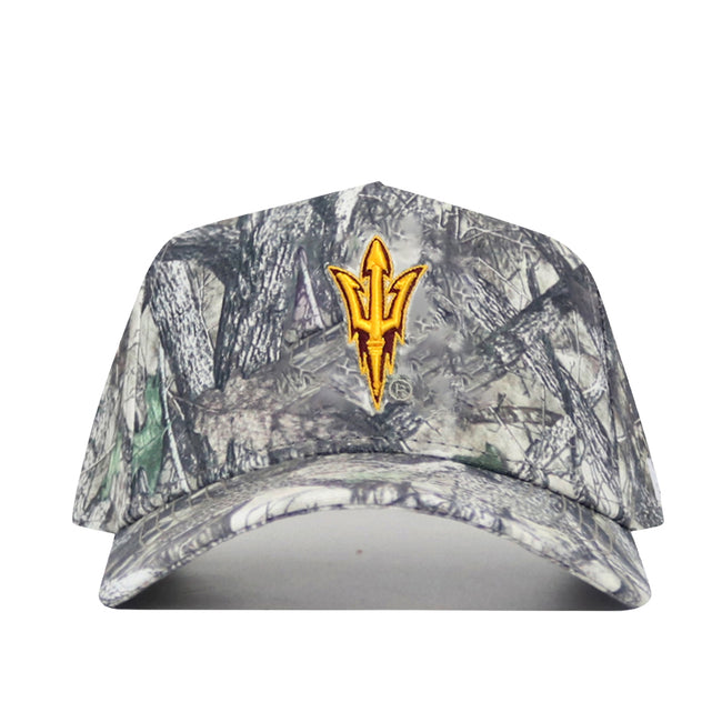 The No Rivals Arizona State Outland Hat is a gray camo snapback with a structured fit, featuring a gold and maroon trident logo embroidered on the front center panel.