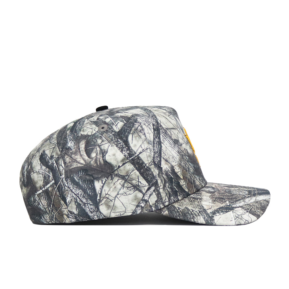 A side view of the No Rivals Arizona State Outland Hat, featuring a gray and black camouflage snapback design in high-quality cotton, is displayed against a white background.
