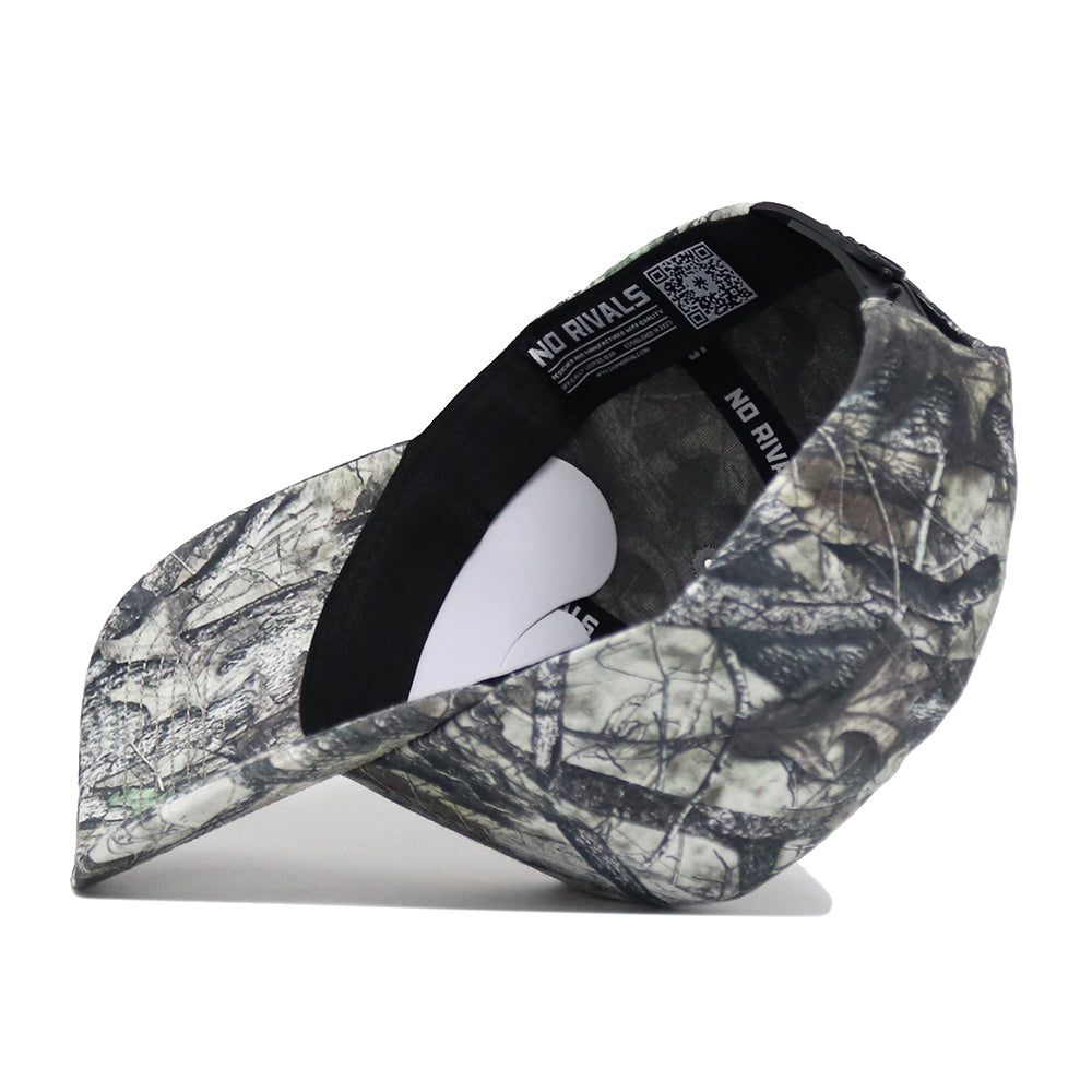 The Arizona State Outland Hat by No Rivals, shown with its brim left, features a camouflage pattern, structured fit, high-quality cotton build, and NO RIVALS branding plus a QR code on the inner band near the adjustable strap.