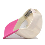 A view of the Arkansas Pink Out Hat by No Rivals from the underside reveals a pink bill and cream-colored panels. This officially licensed snap back cap highlights visible inside tag and stitching details, blending style with support for the Breast Cancer Foundation.