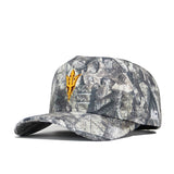 The No Rivals Arizona State Outland Hat is a camouflage snapback crafted from premium cotton, featuring a yellow trident logo front and white embroidered side letters, shown on a white background.