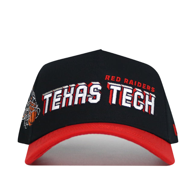 The Texas Tech Courtside Hat is a high-quality black and red cotton snapback with a structured fit, featuring "TEXAS TECH" in bold white and red letters, "RED RAIDERS" above, and a basketball graphic on the side.