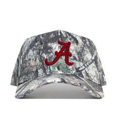 The No Rivals Alabama Outland Hat is a camouflage baseball cap crafted from high quality cotton, with a bold red letter A embroidered on the front.