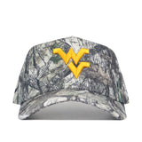 The No Rivals West Virginia Outland Hat is a camouflage snapback featuring a large yellow WV logo embroidered on the front and a structured fit for style and comfort.