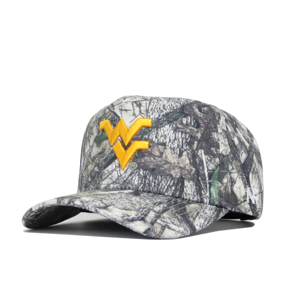 The No Rivals West Virginia Outland Hat is a structured, high-quality cotton snapback with a classic woodland camo pattern, curved brim, and bold gold WV logo representing West Virginia University.