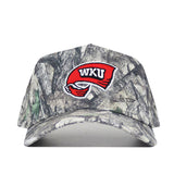 The No Rivals Western Kentucky Outland Hat is a structured camouflage baseball cap with a red WKU logo and white hand holding a towel on the front, crafted from high-quality cotton for comfort.
