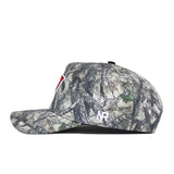 The No Rivals Western Kentucky Outland Hat is shown from the side, featuring a camouflage pattern, a structured fit, high-quality cotton construction, and a white embroidered “R” logo on the back panel for standout style.