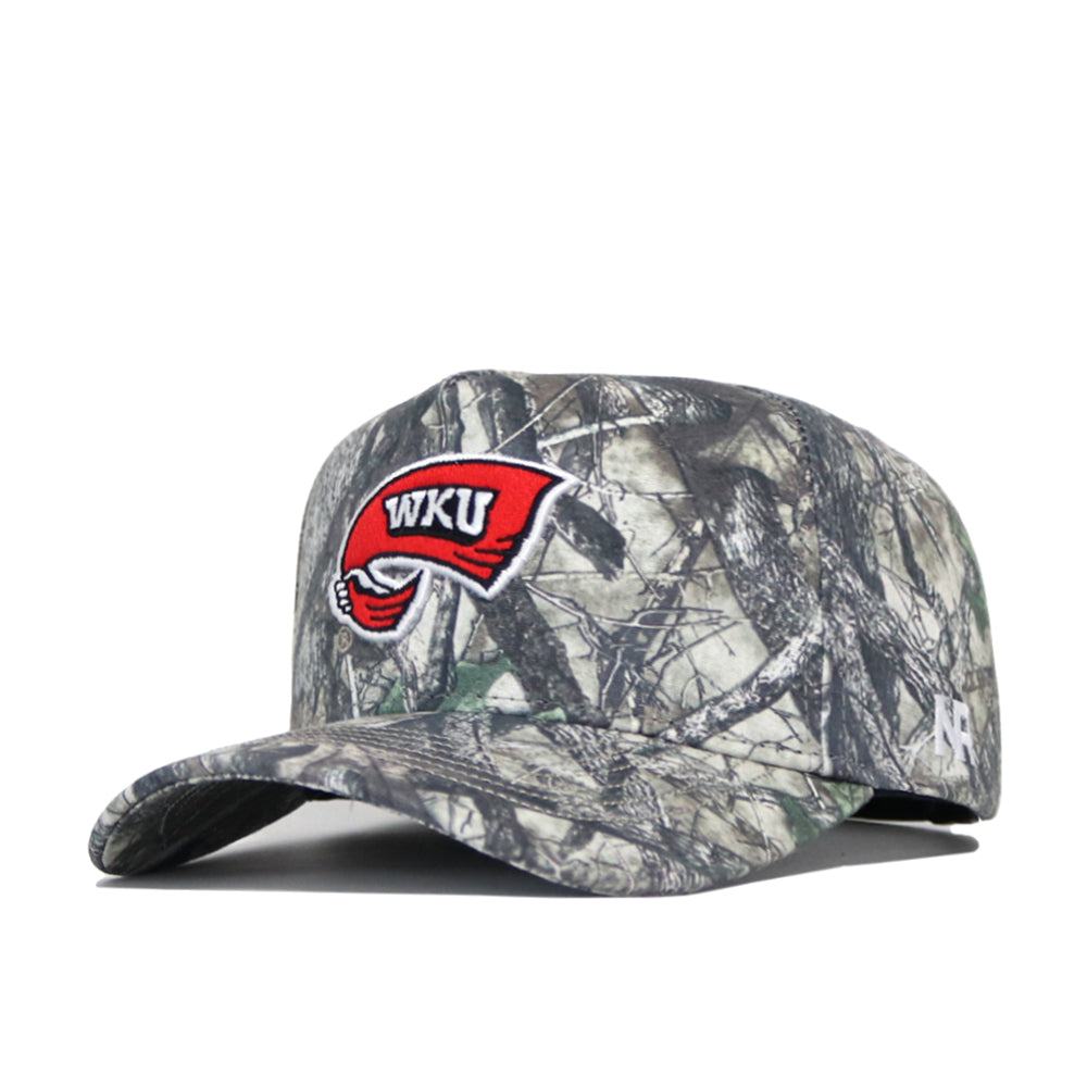 The Western Kentucky Outland Hat by No Rivals is a structured fit camouflage snapback, featuring the WKU Hilltoppers red towel logo on front and a small white 47 logo on the side, crafted from high quality cotton for comfort and durability.