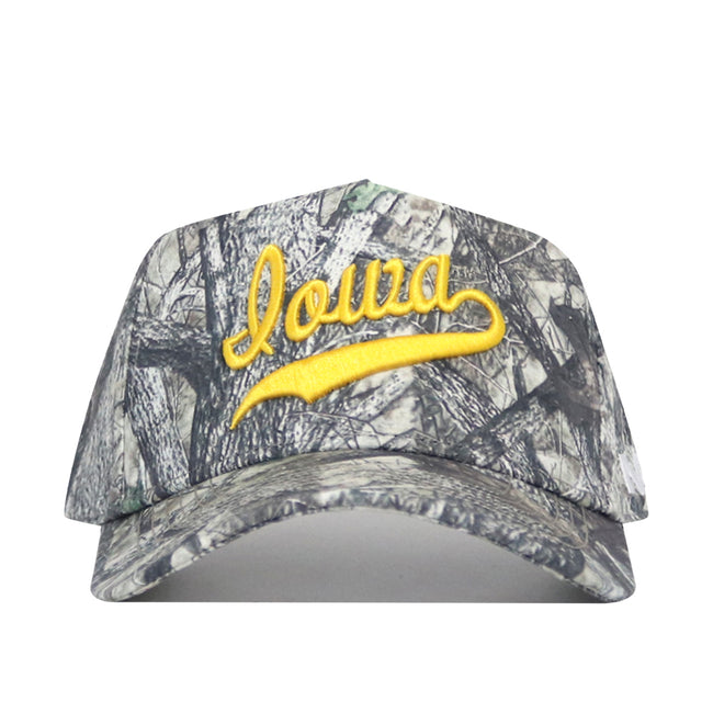 The No Rivals Iowa Outland Hat is a camo-pattern baseball cap crafted from premium cotton, with "Iowa" embroidered in yellow cursive on the front.