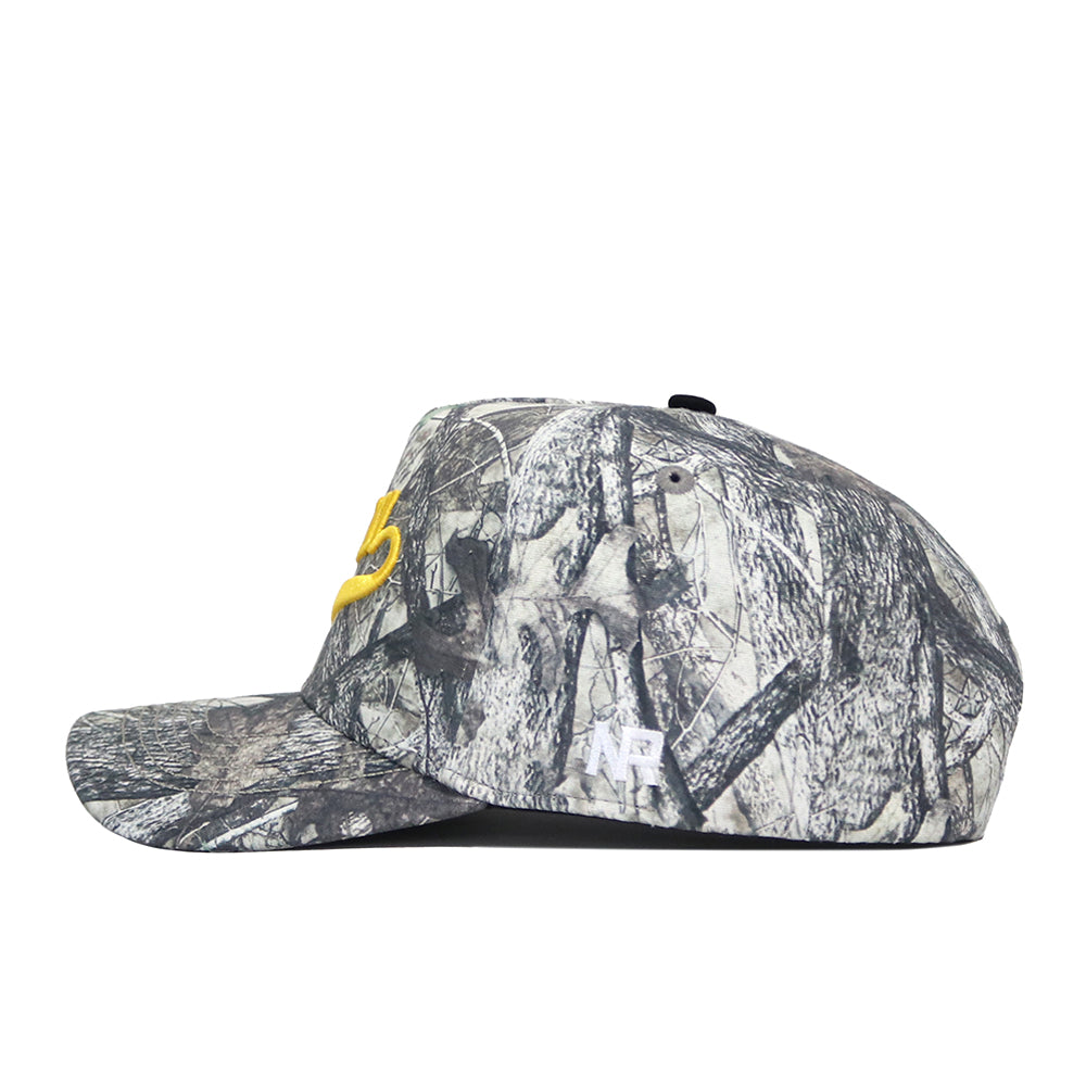 The Iowa Outland Hat by No Rivals is a camo baseball cap with a curved brim, yellow embroidered B on the front, and small white NR on the side. Made from high-quality cotton, this snapback is shown on a white background.
