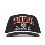 The No Rivals Minnesota Gophers Golf Hat - Black is a licensed snapback cap featuring bold maroon “MINNESOTA” lettering, a smiling gopher mascot, crossed golf clubs, and “GOLDEN GOPHERS GOLF” embroidery on the front—making it an ideal gameday hat for any fan.