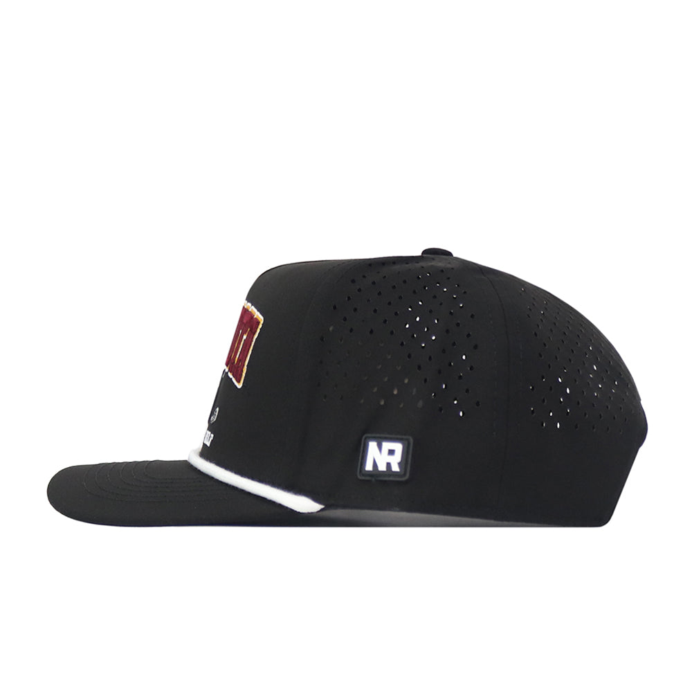Side view of the Minnesota Gophers Golf Hat in black by No Rivals, featuring perforated holes on the back half, a flat brim, and a small embroidered NR logo patch above the brim. This officially licensed snapback also includes a partially visible red and gold rectangular patch on the front.