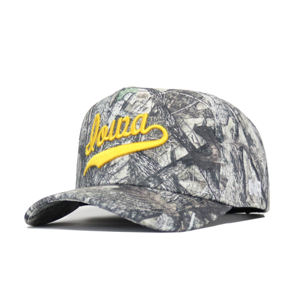 The No Rivals Iowa Outland Hat is a camouflage cotton baseball cap with "Iowa" embroidered in yellow script on the front and a snapback closure, shown against a white background.