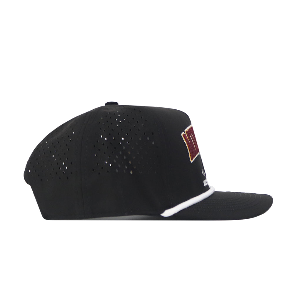 The No Rivals Minnesota Gophers Golf Hat - Black is a licensed snapback gameday cap featuring small ventilation holes on the side, a flat brim with white trim above it, and partial red-and-white embroidered text on the front. An eye-catching embroidered logo adds extra style to this hat.