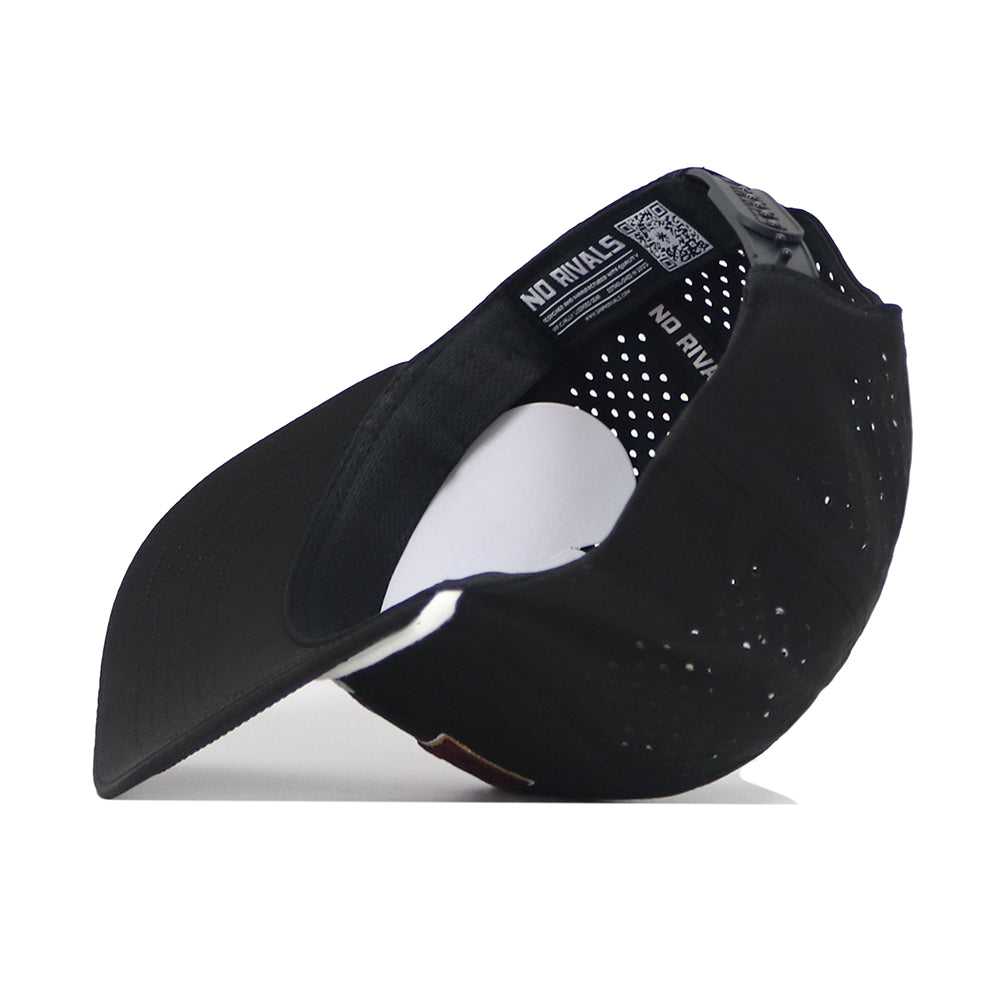 Here’s a rewrite of your sentence using the provided product data: The Minnesota Gophers Golf Hat in black by No Rivals is displayed from the underside, revealing perforated sides, an adjustable strap, and interior labels featuring the NO RIVALS text. The brim and crown are clearly visible, while a crisp embroidered logo adds a finishing touch to this ultimate gameday hat.