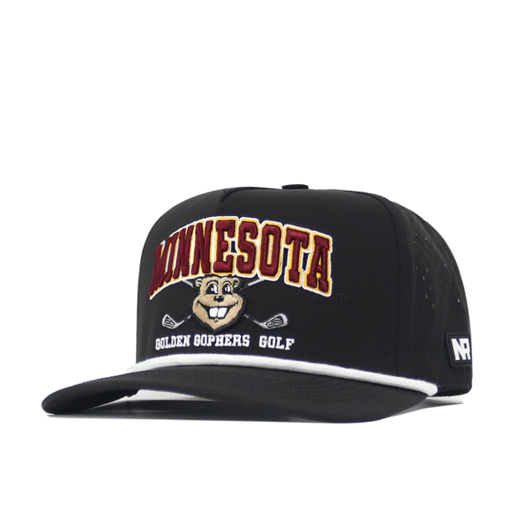The Minnesota Gophers Golf Hat - Black by No Rivals is a licensed snapback gameday hat with the mascot and crossed golf clubs embroidered on the front. It features white trim on the bill and an embroidered NR logo on the side.