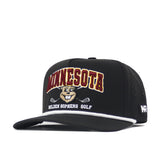 The Minnesota Gophers Golf Hat - Black by No Rivals is a licensed snapback gameday hat with the mascot and crossed golf clubs embroidered on the front. It features white trim on the bill and an embroidered NR logo on the side.