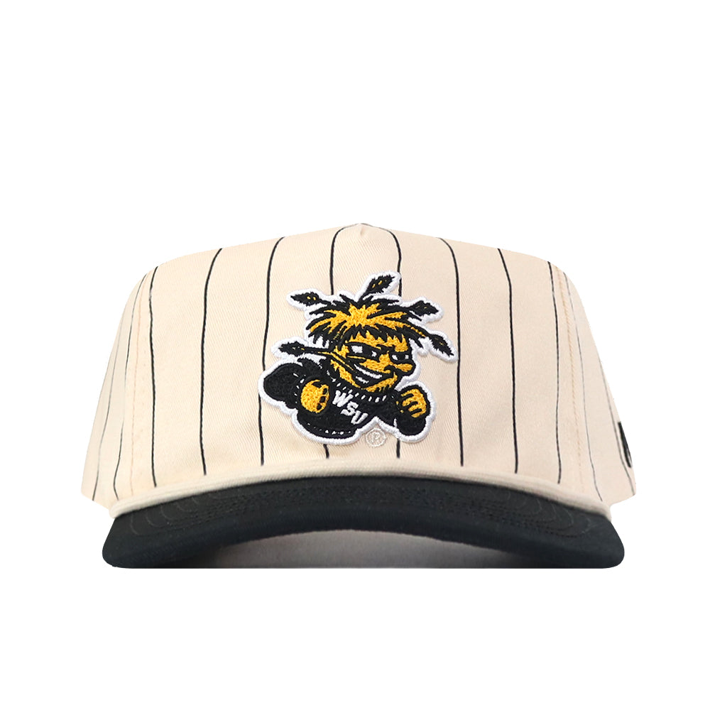 The No Rivals Wichita State Pinstripe Hat features cream pinstripes, a black brim, and an embroidered yellow and black mascot with bat on the front, made from high-quality cotton for an unstructured fit.