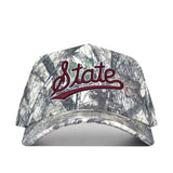 The No Rivals Mississippi State Outland Hat is a camouflage snapback made from high-quality cotton, featuring "State" embroidered in red script on the front.