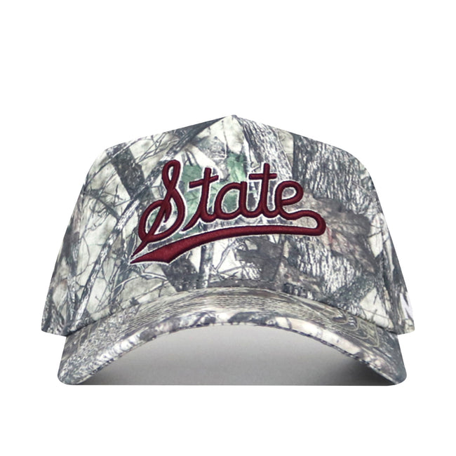 The No Rivals Mississippi State Outland Hat is a camouflage snapback made from high-quality cotton, featuring "State" embroidered in red script on the front.