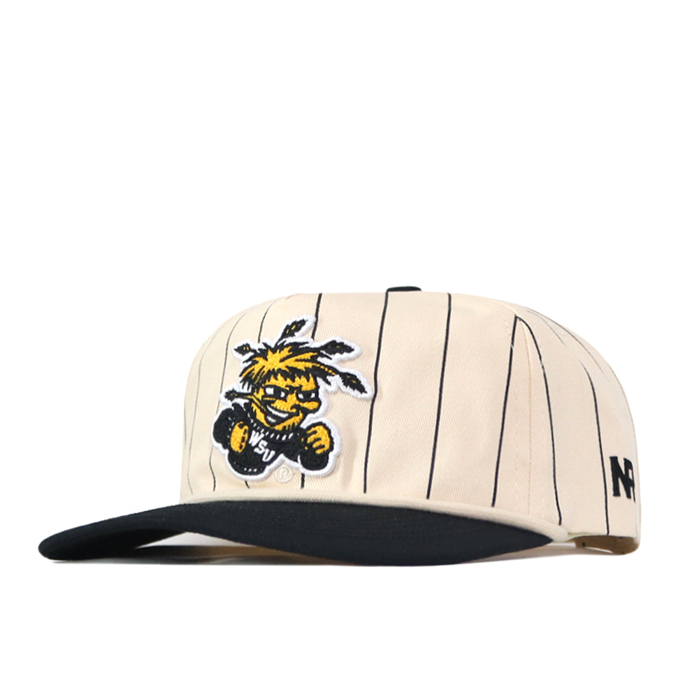 The Wichita State Pinstripe Hat by No Rivals features beige pinstripes, a black brim, an embroidered yellow and black mascot, a black NR logo on the side, and is made from high quality cotton.