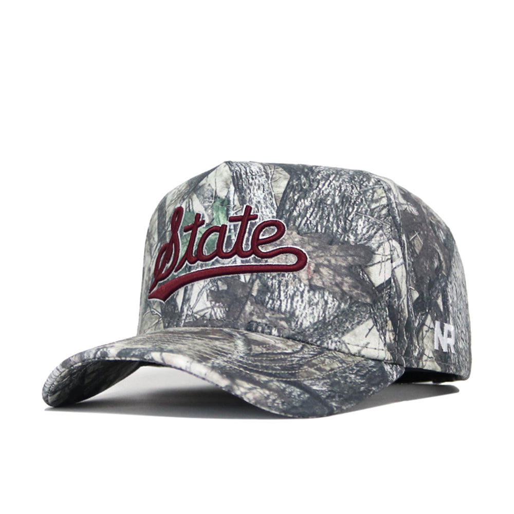 The No Rivals Mississippi State Outland Hat is a high-quality cotton camo snapback with "State" embroidered in red and white script on the front and a small white N P logo on the side.
