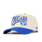 The BYU Cougars Stride Hat by No Rivals features a beige and blue snapback design with bold blue embroidered “Brigham Young Cougars” lettering and the BYU logo on the front. Complete with a blue brim and NR initials on the side, it’s the perfect addition to your gameday fit.